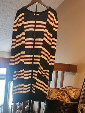Striped Open-Front Long Cardigan - Navy/Ivory/Red